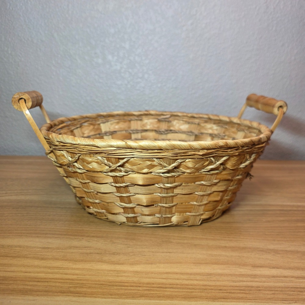 Vintage Handmade Oval Woven Wood Basket Dual Handles Rustic 11in x 9in x 4in